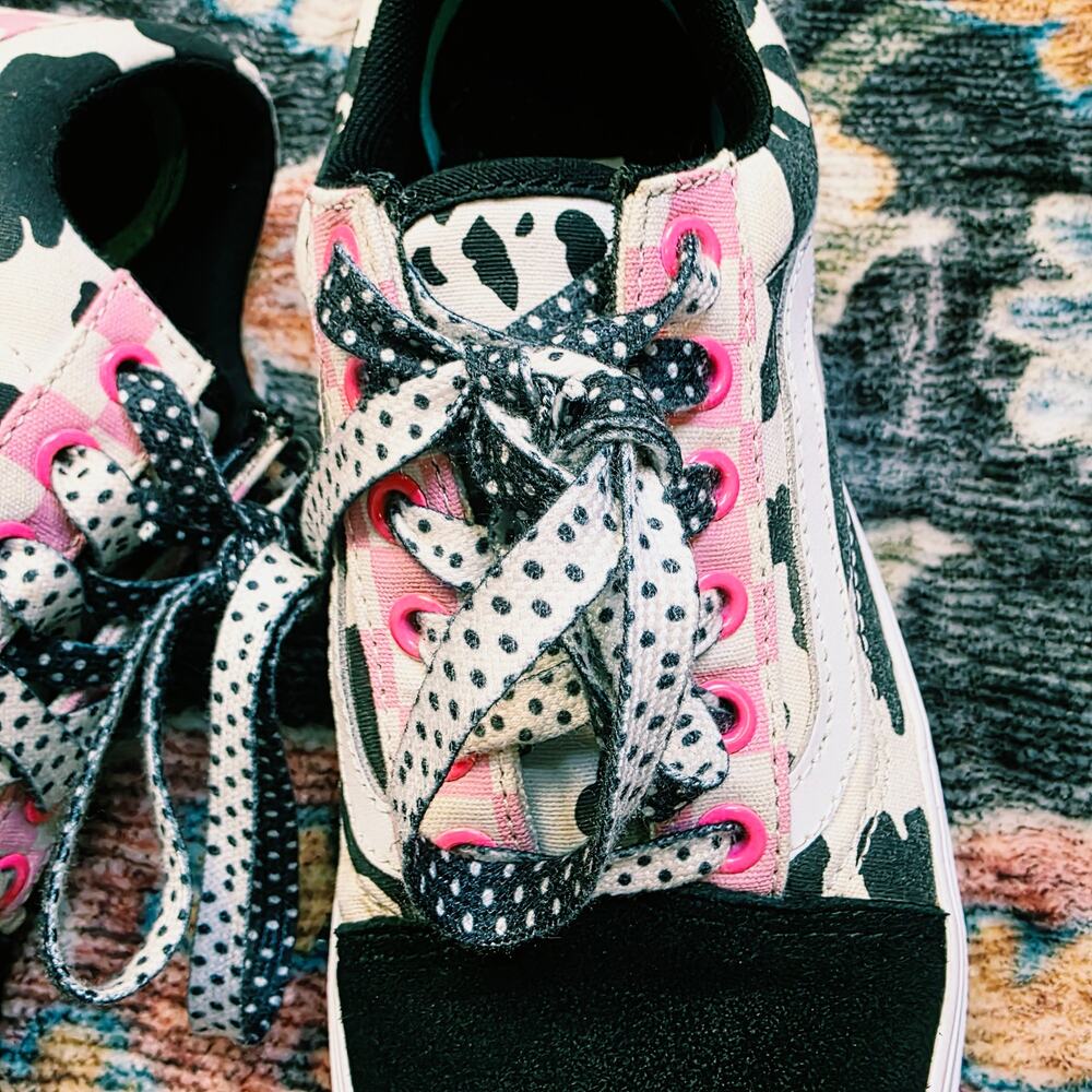 Vans Old Skool ComfyCush Customs Cow Print Pink Checkerboard Sneakers Size 7 - Picture 8 of 13